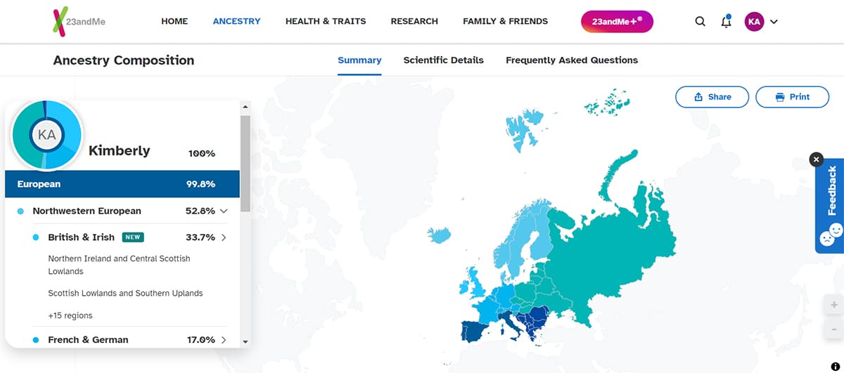 23andme ancestry composition screenshot.