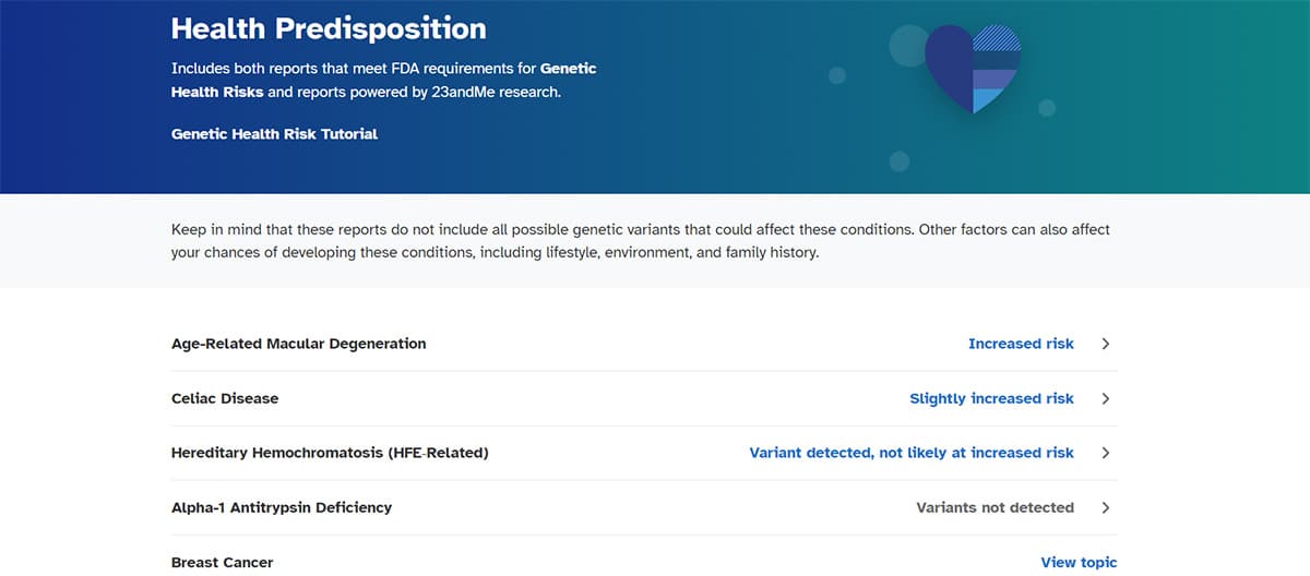 23andme health screenshot.