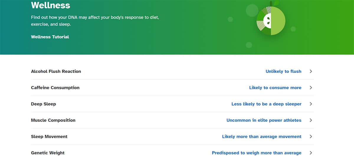 23andme wellness screenshot.