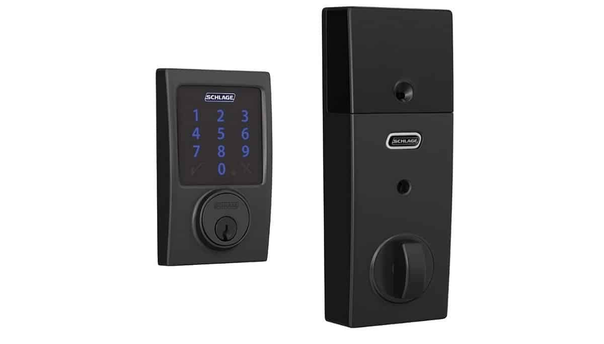 Schlage connect smart deadbolt in black with blue numbers on touchscreen keypad