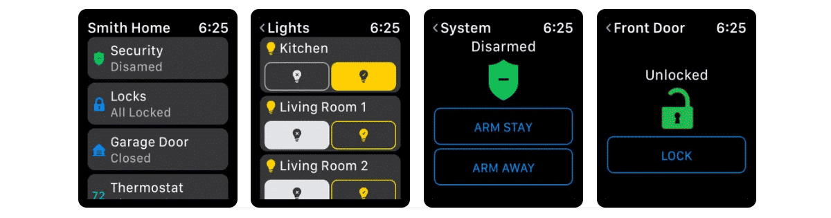 Screenshots of the ADT Control app for the Apple Watch