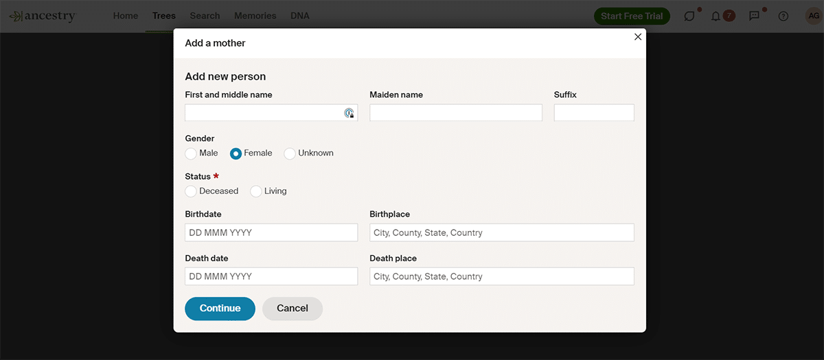 Ancestry add mother screenshot.