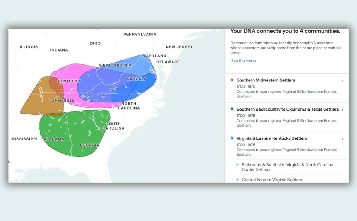 AncestryDNA community connections screenshot.