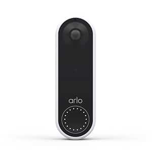 Black and white Arlo wireless doorbell camera on white background