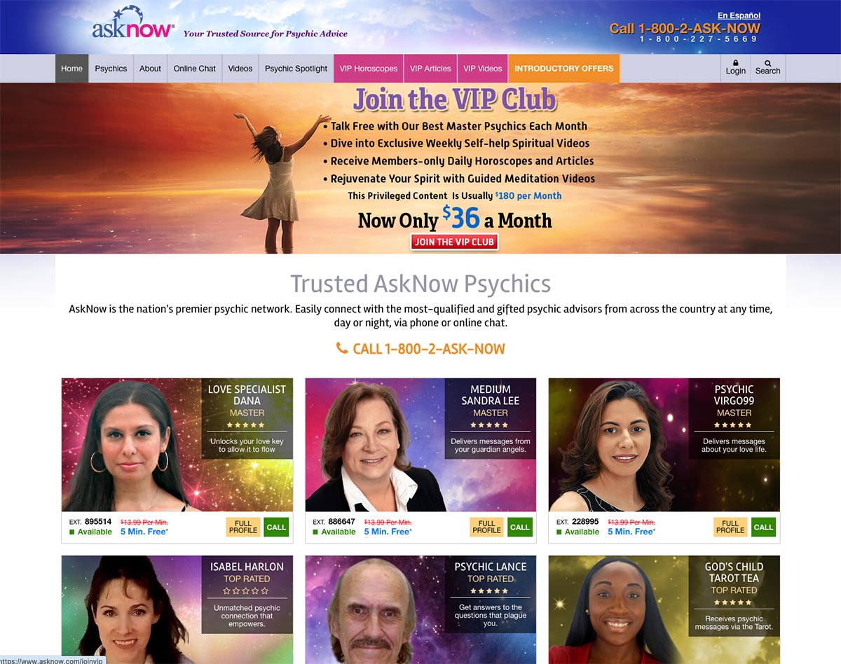 AskNow online psychic website screenshot.