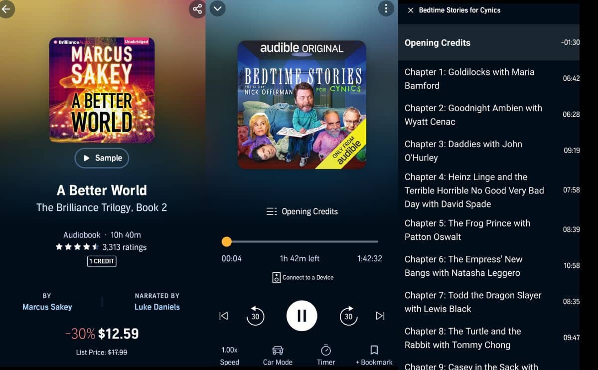 Audible player and chapters app screnshots.