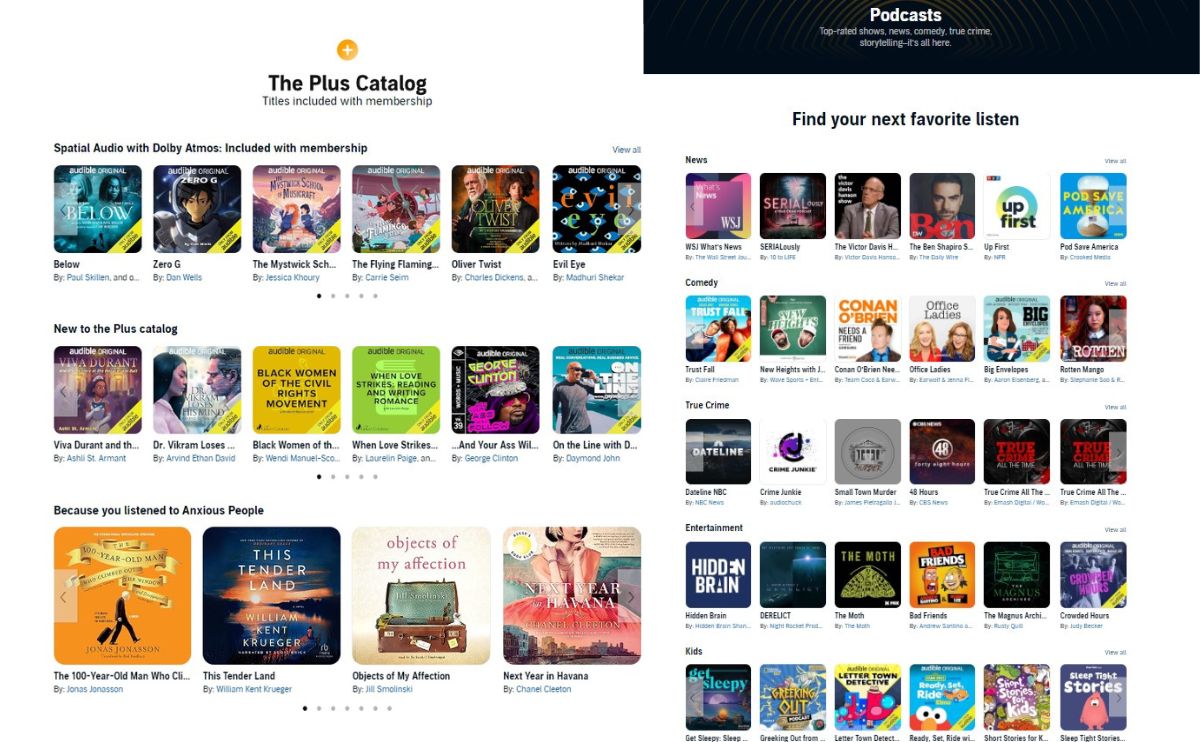 Audible Plus Catalog books and podcasts screenshot.