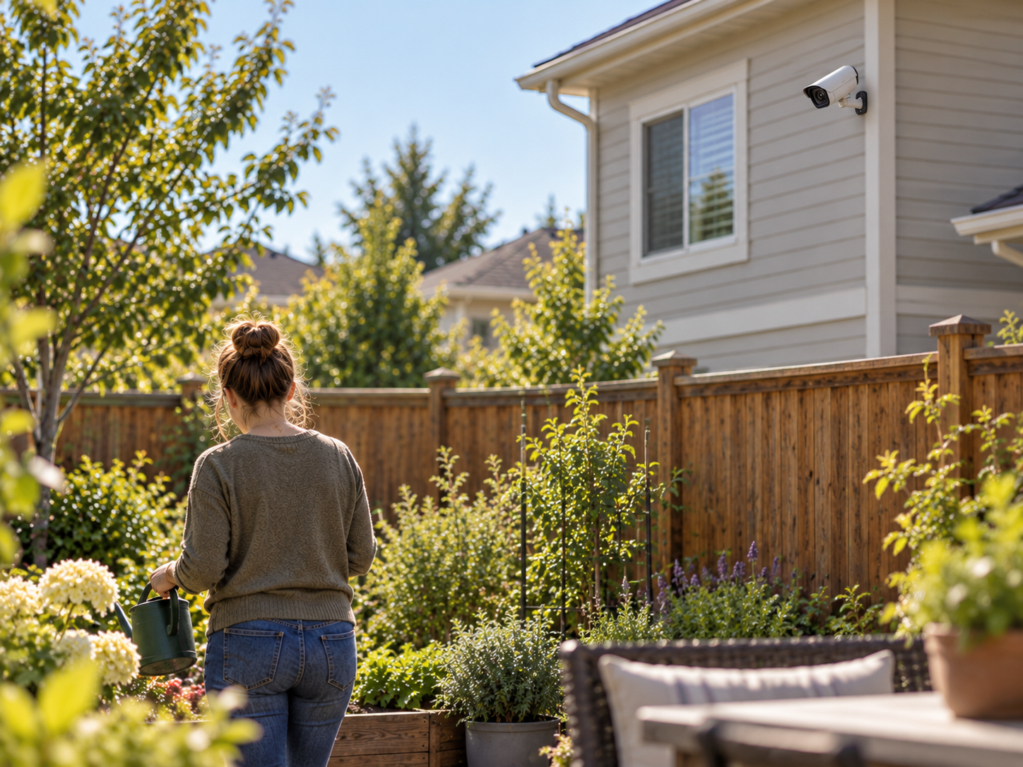 Woman in backyard with camera pointed at her over the fence