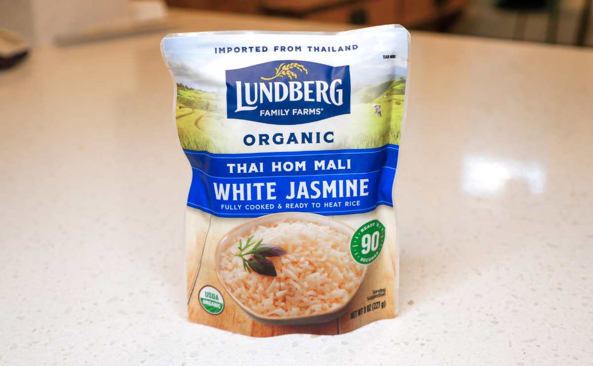 A bag of Lundberg Thai Hom Mali instant Jasmine rice bag.