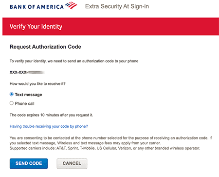 Bank of America login screen asking for text message verification