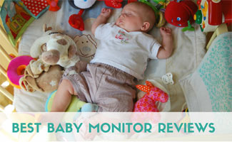 A baby lying on a bed surrounded by stuffed animals. Caption: Best Baby Monitor Reviews