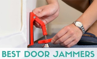 Person putting door jammer up against door (Caption: Best Door Jammer)