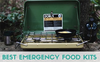 An outdoor stove sitting in the wilderness with an egg frying in a small frying pan. Caption: Best Emergency Food Kits