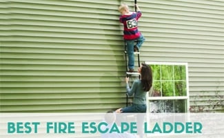 Two women climbing down a fire escape ladder on the side of a green building. Caption: Best Fire Escape Ladder