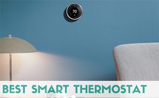 A Nest thermostat installed on a blue wall. Caption: Best Smart Thermostat