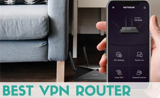 A hand holding up the remote control to a VPN router installed next to a couch. Caption: Best VPN Router