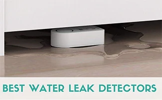 A water leak detector placed under a laundry machine in a wet area. Caption: Best Water Leak Detector