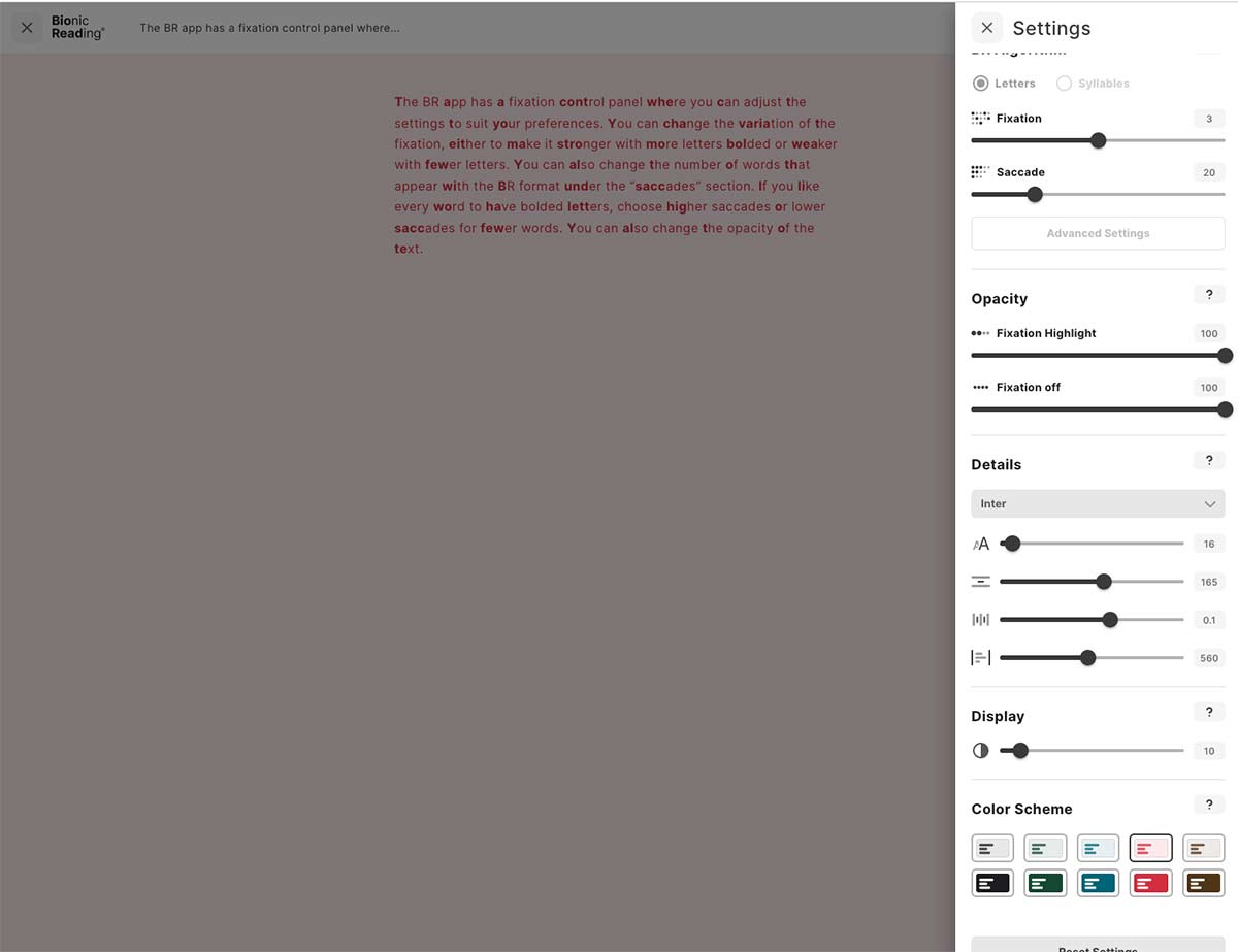 Bionic Reading chrome screenshot showing adjustments you can make in the settings.