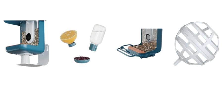 Bird Buddy add ons including wall mount, nutrition set, perch extender, and ball holder.