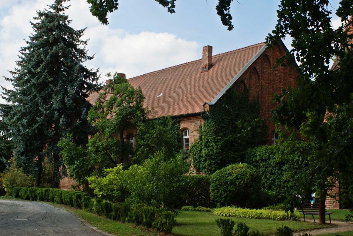 Brick house overgrown with trees and shrubbery