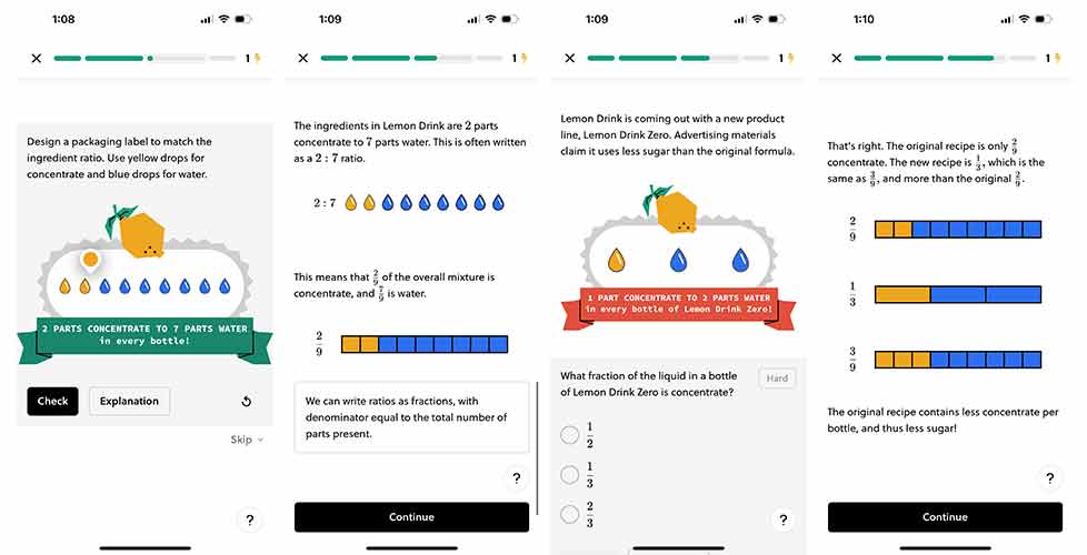 Brilliant app screenshots showing how to use fractions to find misleading marketing. 