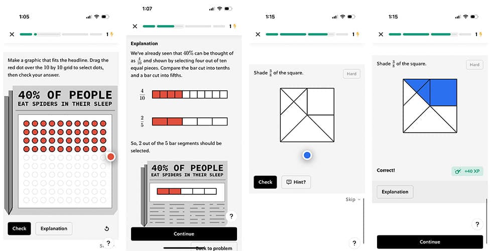 Brilliant app screenshots showing fraction training.