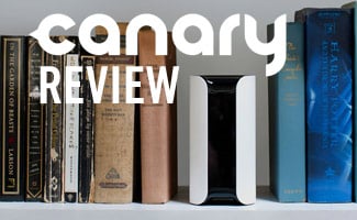 Canary alarm system hidden on a shelf between books (Caption: Canary Review)