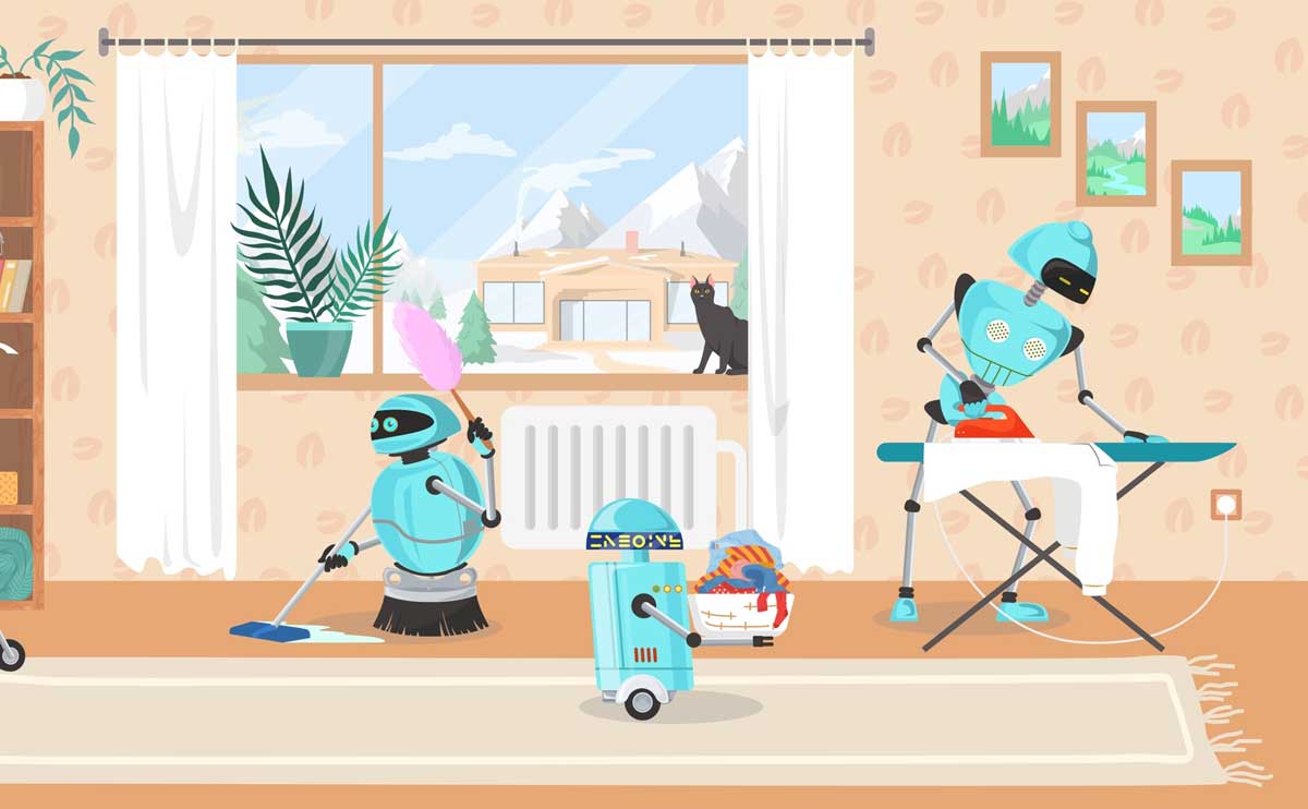 Cartoon of home robots doing various chores