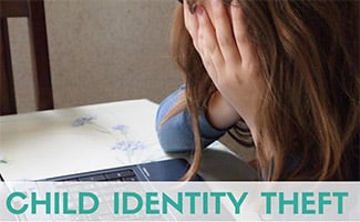 Young girl upset at computer (Caption: Child Identity Theft)