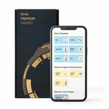 Circle DNA premium test kit box and phone screen with results.