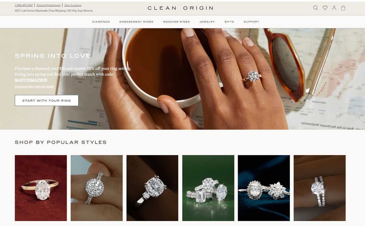 Clean Origin engagement ring website screenshot.