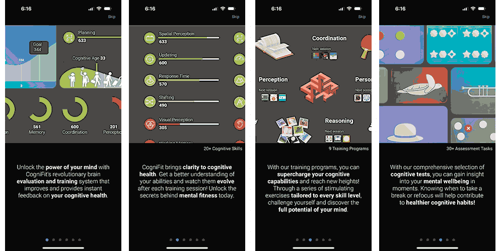 CogniFit app screenshots showing the first four slides when entering the app.