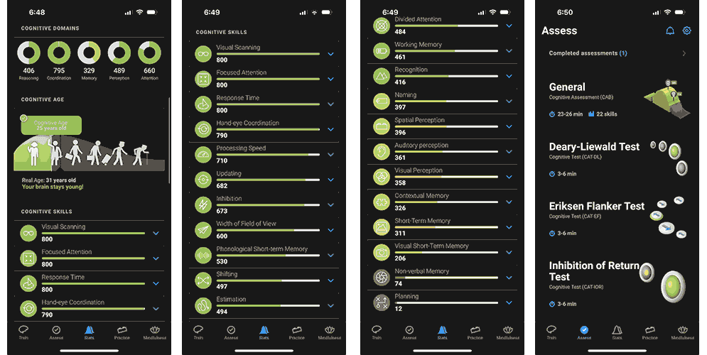 Cognifit app screenshots that show performance tracking and brain assessment tests.