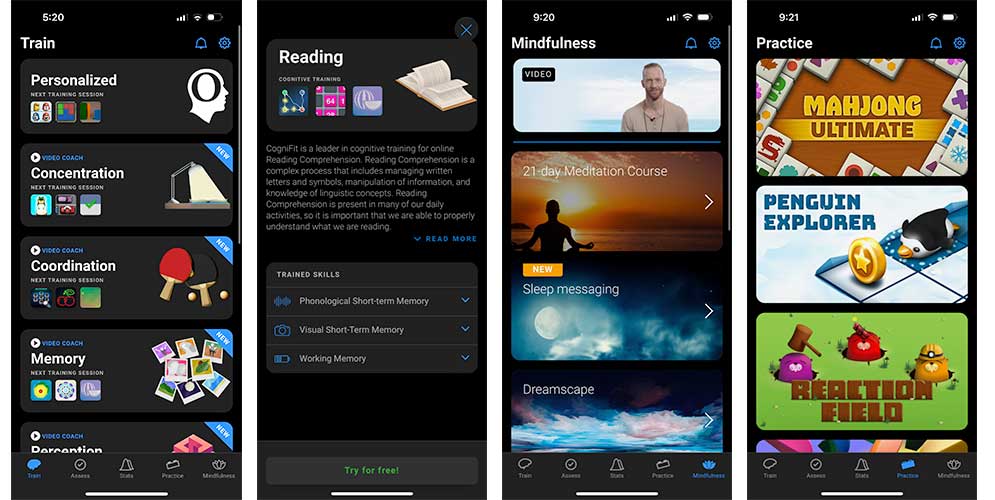 CogniFit app screenshots showing areas of study (concentration, coordination, memory, and reading), mindfulness exercises, and practice games.