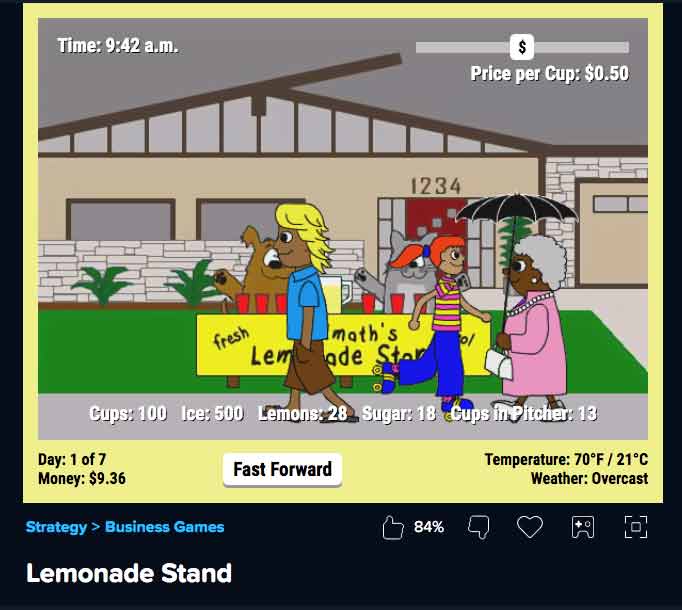 Coolmath Games app screenshot showing Lemonade Stand game, where users must make money selling lemonade win the game.