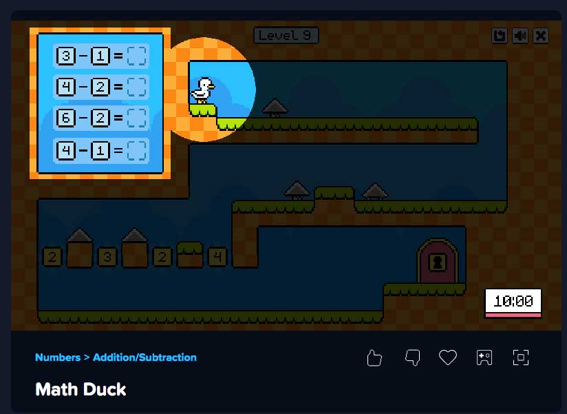 Coolmath Games app screenshot showing Math Duck game, where users must solve equations, avoid hazards, and get the key to unlock the next level—all before time runs out. 