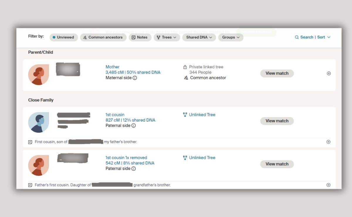 DNA matches AncestryDNA screenshot.