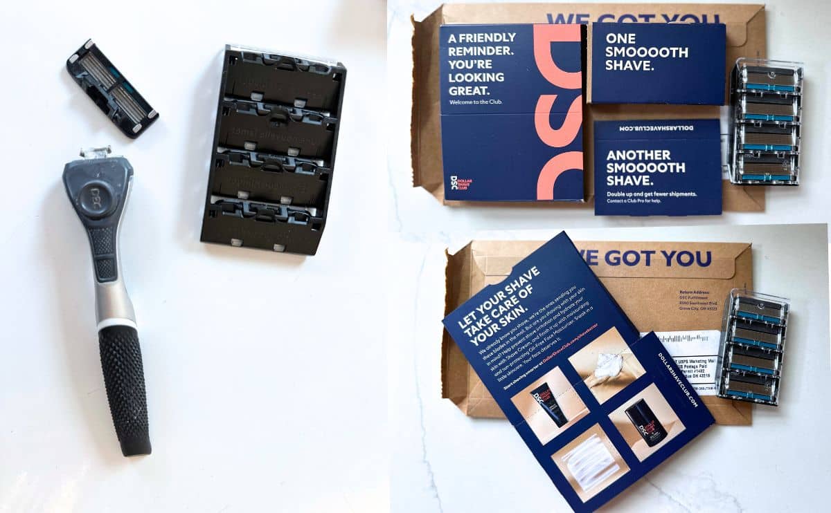 Dollar Shave Club razor blade and packaging.
