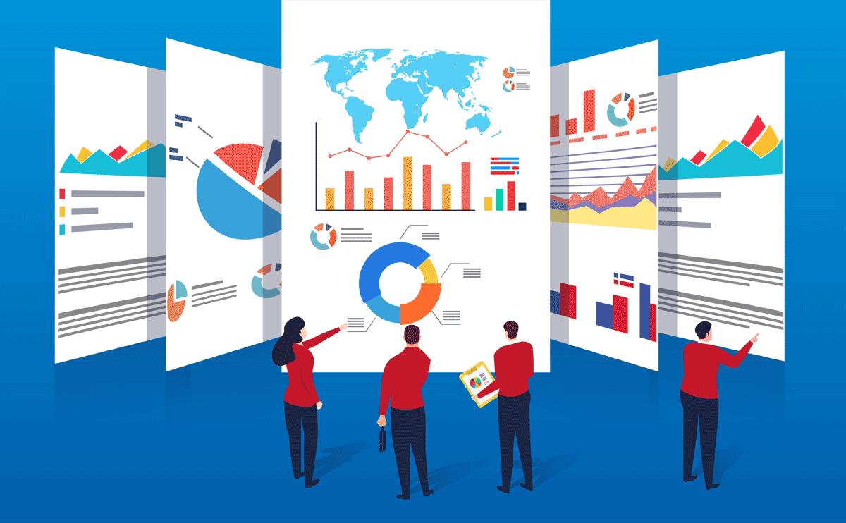 Drawing of analysts in red shirts gazing at giant stock charts and graphs.