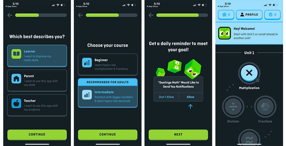 Duolingo Math app screenshots showing how users can select their course level and set daily reminders for practice. 