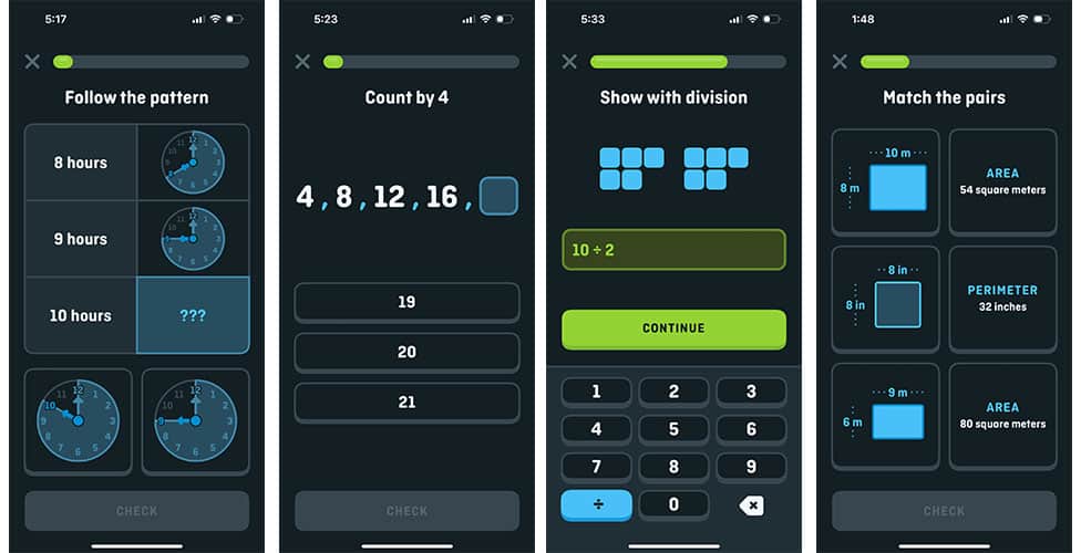Duolingo Math app screenshots showing training in fractions, counting, division, and measurement.