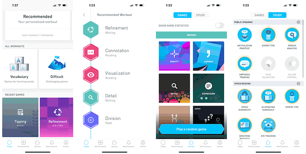 Elevate app screenshots showing a personalized workout routine, brain games, and study materials.