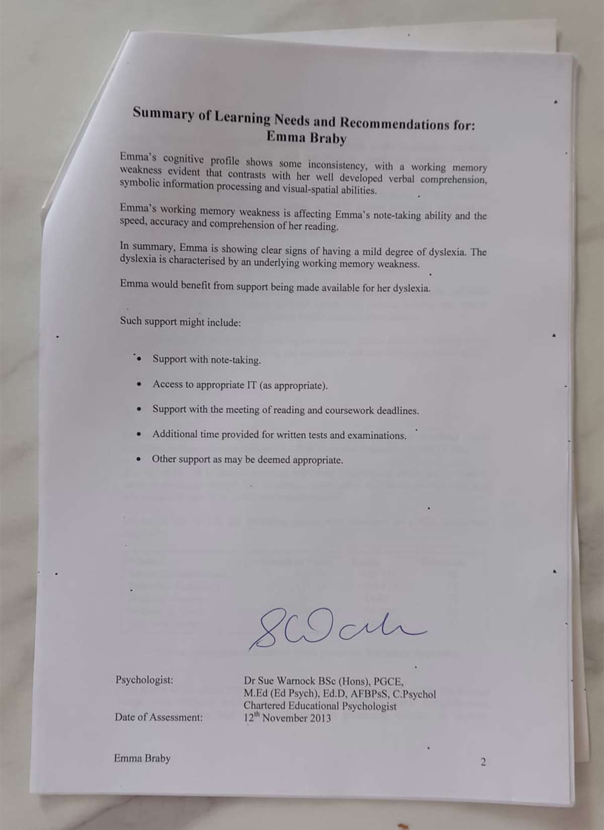 Emma's Dyslexia Report.