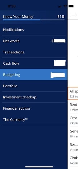 empower app dropdown menu showing key features