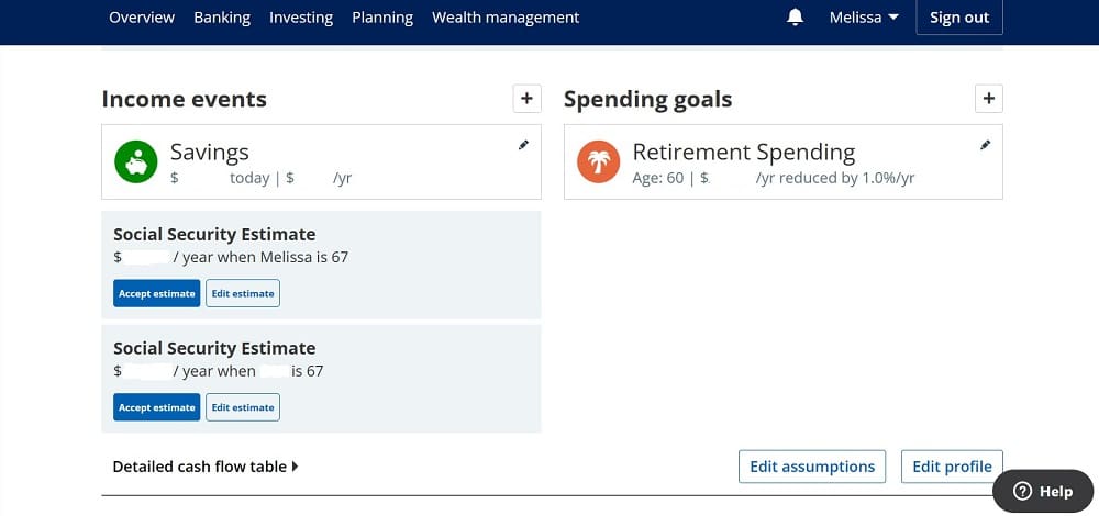 empower pension planning page showing savings and retirement spending goals.