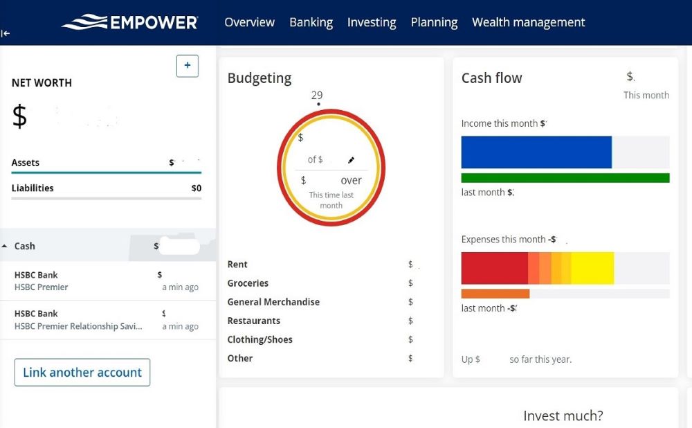 Empower personal dashboard screenshot showing budget and cash flow.