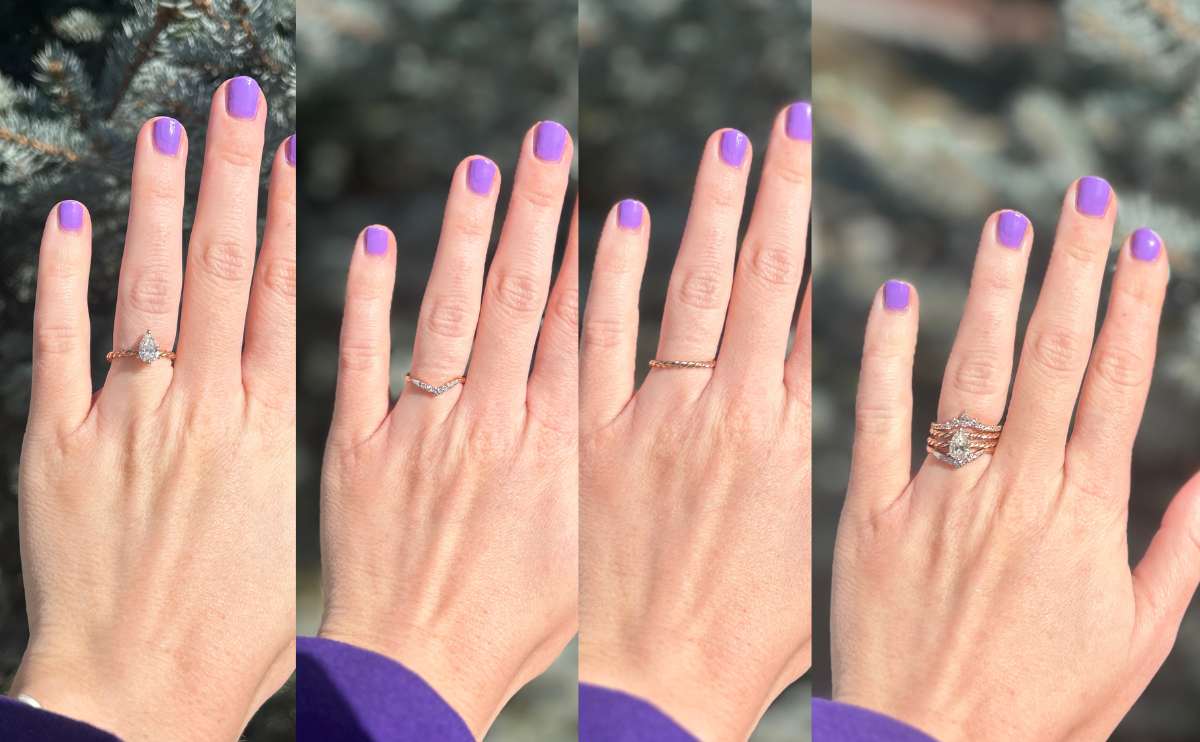engagement ring next to wedding bands and full set stacked side by side jpg