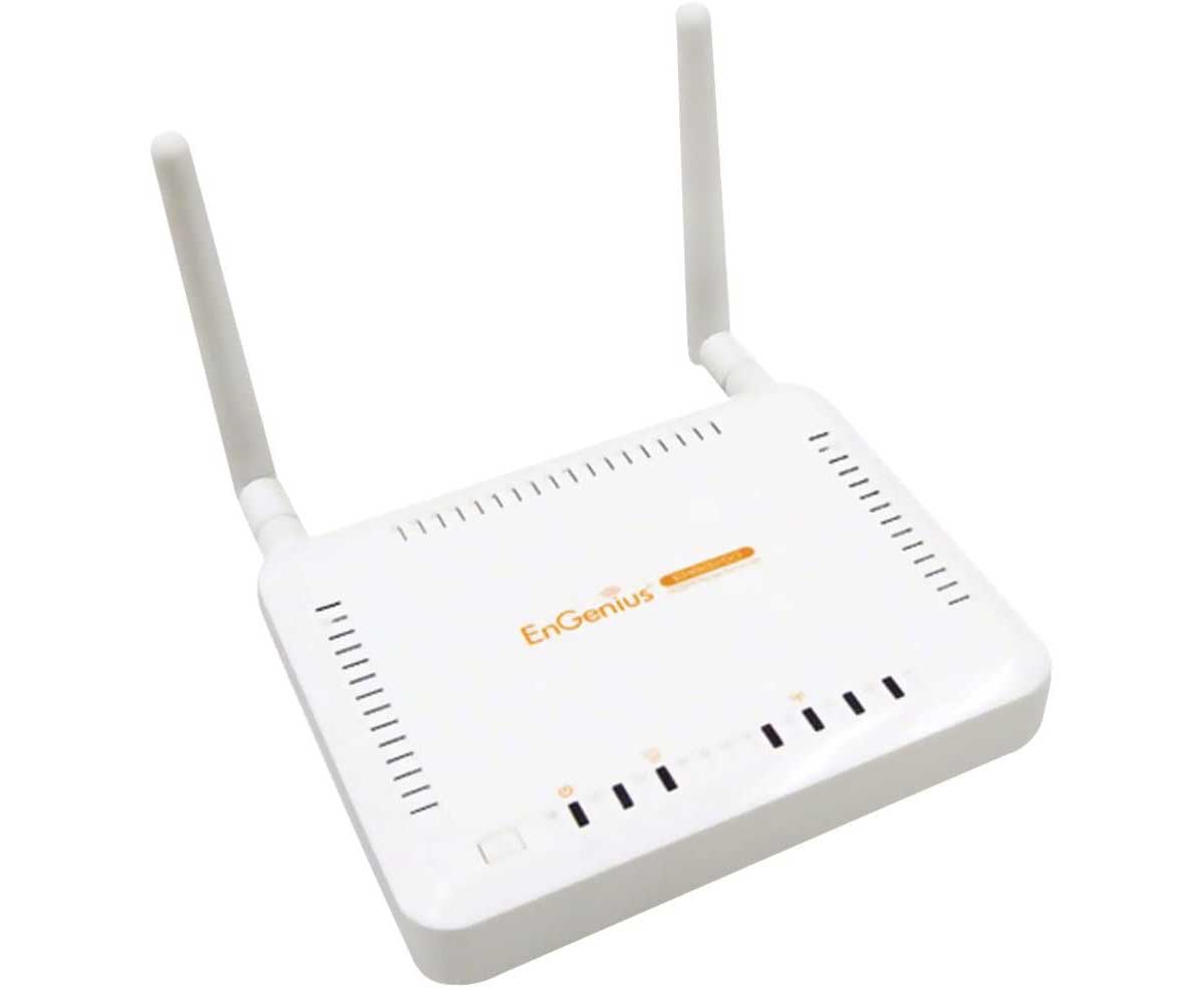 A white Engenius wireless n300 range extender, model ERB9250, on white background.