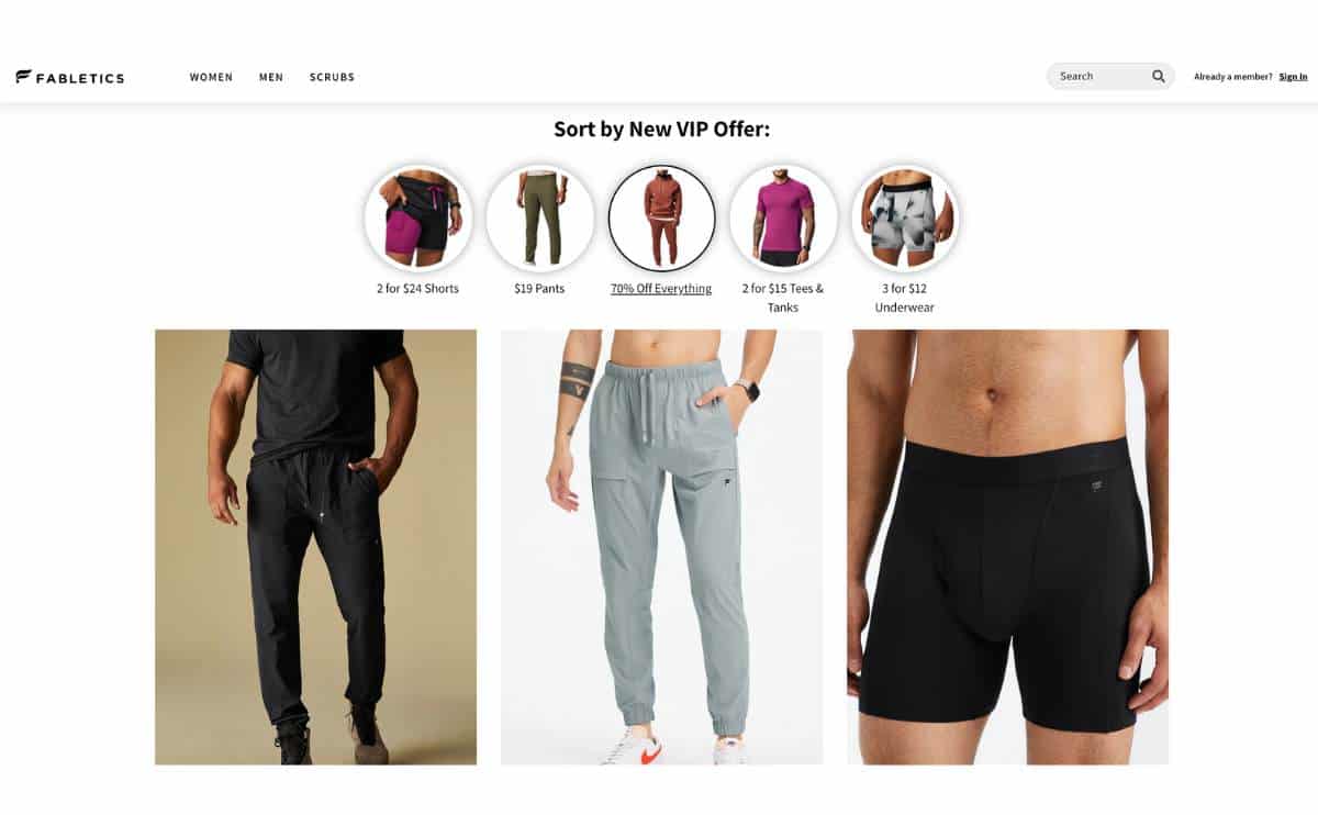 Fabletics mens pants screenshot of website.