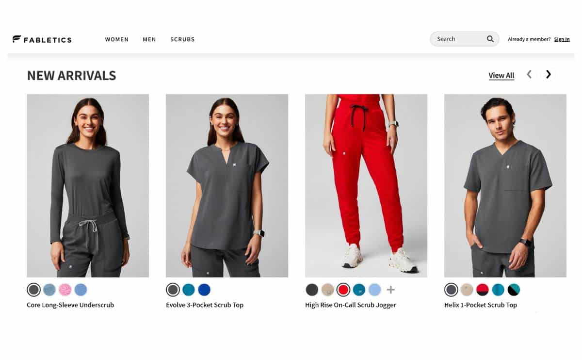 Fabletics scrubs new arrivals screenshot on website.